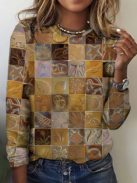 

Vintage Floral Crew Neck Long Sleeve T-shirt, As picture, T-shirts