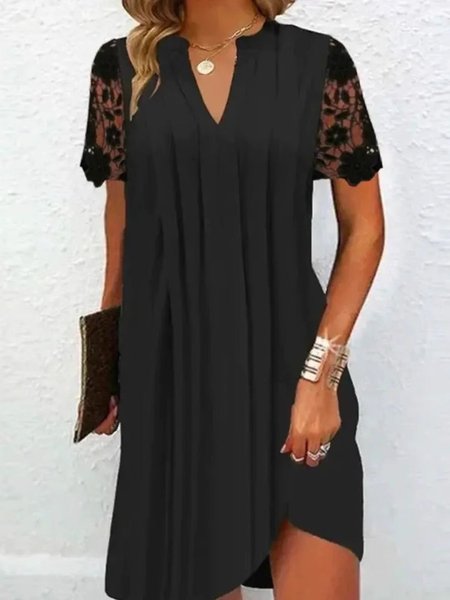 

Women Plain Summer Hollow Out Dress V Neck Short Sleeve T-Shirt Dress H-Line Dress, Black, Dresses