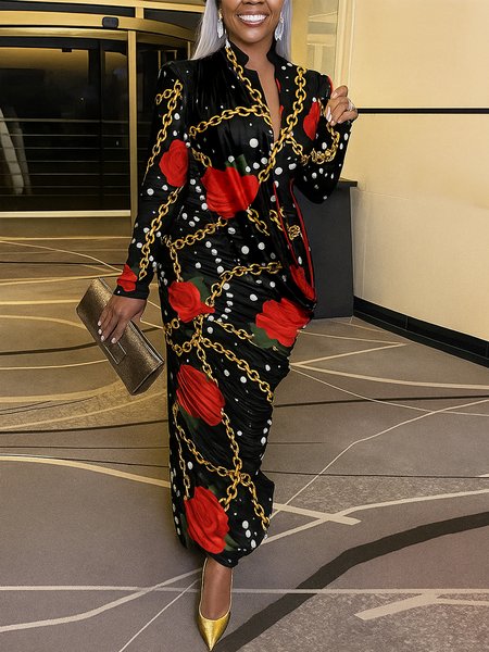 Elegant Floral Printing Stand Collar Maxi Party Dress