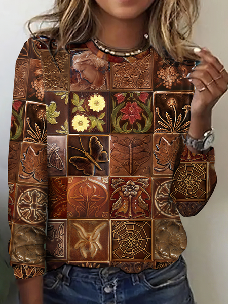 

Vintage Floral Crew Neck Long Sleeve T-shirt, As picture, T-shirts