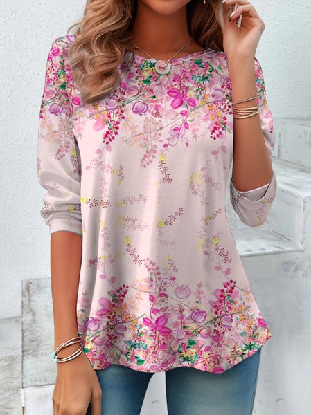 

Vintage Floral Crew Neck Long Sleeve T-shirt, Pink, T-shirts