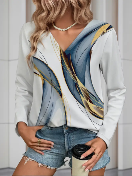

Women Abstract Long Sleeve Tee T-shirt V Neck Printing Casual Spring/Fall Graphic Tee Top, White, T-Shirts