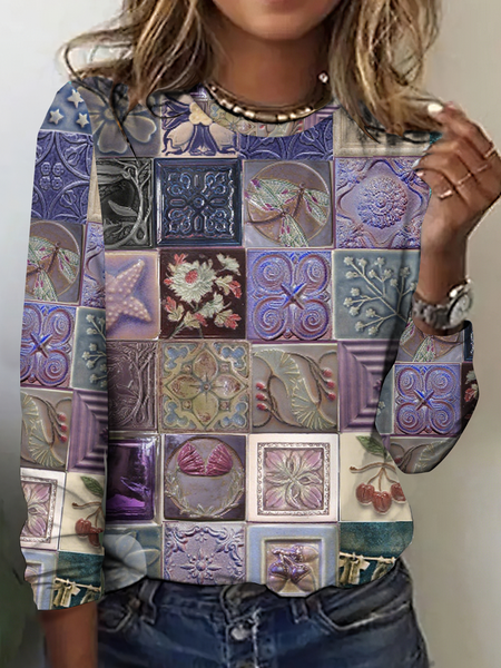 

Vintage Floral Crew Neck Long Sleeve T-shirt, As picture, T-shirts