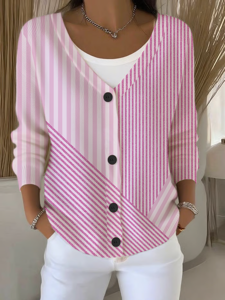 

Women Striped Long Sleeve V Neck Casual Spring/Fall Cardigan Outerwear, Pink, Cardigans