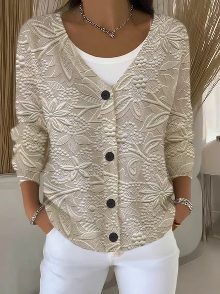 

Women Floral Long Sleeve V Neck Casual Spring/Fall Cardigan Outerwear, Apricot, Cardigans