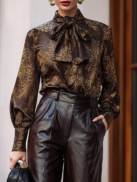 

Urban Floral Printing Stand Collar Bow Blouse, As picture, Blouses and Shirts