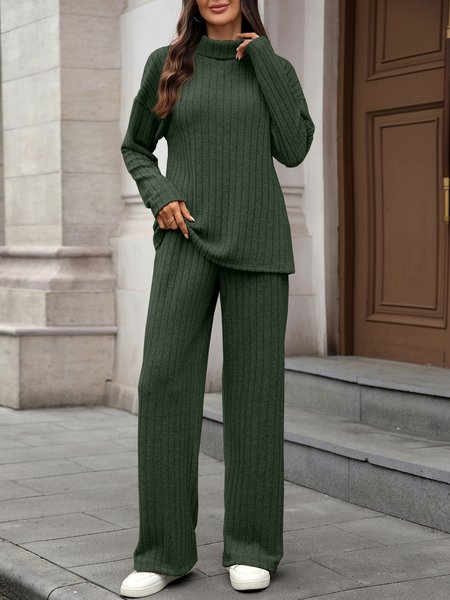 

Women Plain Split Joint Two-Piece Set Daily Long Sleeve Casual Spring/Fall Top With Pants Matching Set, Army green, Suit Set