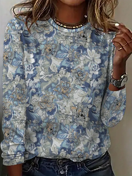 

Women Floral Long Sleeve Tee T-shirt Crew Neck Printing Casual Spring/Fall Graphic Tee Top, Blue, T-Shirts