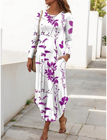 

Women Floral Spring/Fall Dress Crew Neck Long Sleeve T-Shirt Dress H-Line Dress, Purple, Dresses