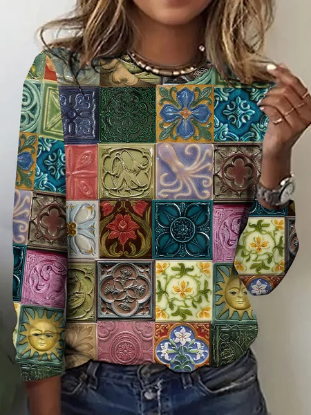 

Vintage Floral Crew Neck Long Sleeve T-shirt, As picture, T-shirts