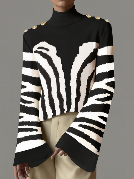 

Casual Geometric Printing Mock Neck Blouse, As picture, Blouses and Shirts
