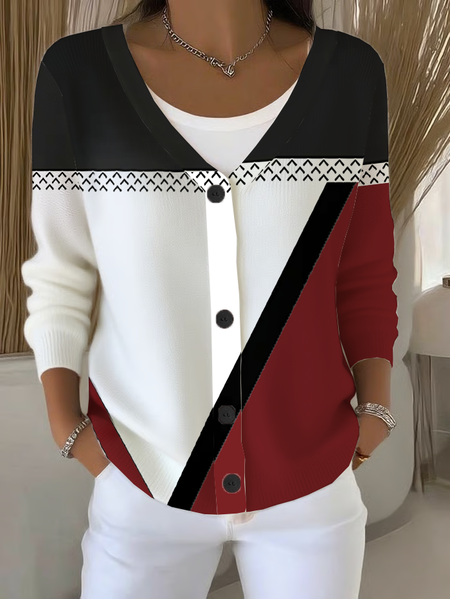 

Women Abstract Long Sleeve V Neck Casual Spring/Fall Cardigan Outerwear, Red, Cardigans