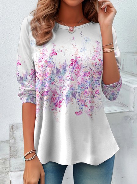 

Vintage Floral Crew Neck Long Sleeve T-shirt, White, T-shirts