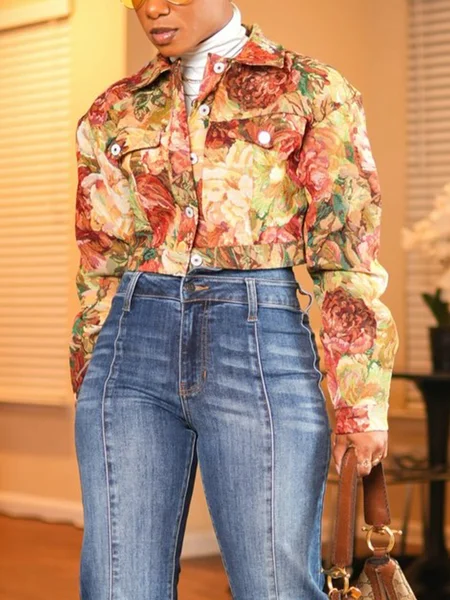 Casual Raglan Sleeve Buttoned Floral Shirt Collar Jacket
