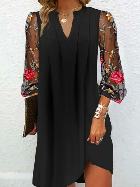 

Women Floral Long Sleeve Spring/Fall Dress V Neck Holiday Sexy Midi Prom Dress H-Line Dress, Black, Dresses