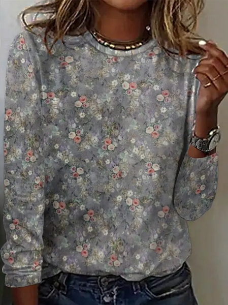 

Women Floral Long Sleeve Tee T-shirt Crew Neck Printing Casual Spring/Fall Graphic Tee Top, Gray, T-Shirts