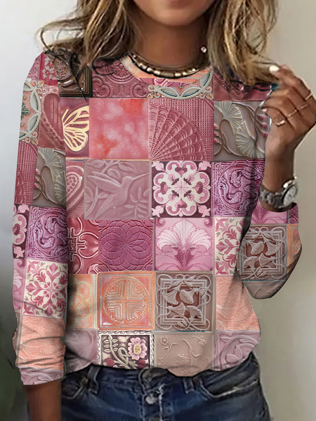 

Vintage Floral Crew Neck Long Sleeve T-shirt, As picture, T-shirts