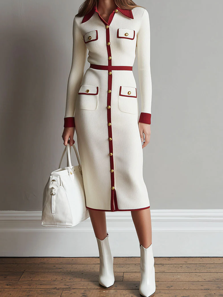 

Elegant Color Block Shirt Collar Midi Sweater Dress, Off white, Midi Dresses