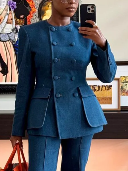 

Casual Denim Buttoned Plain Crew Neck Jacket, Denim blue, Jackets
