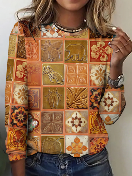 

Vintage Floral Crew Neck Long Sleeve T-shirt, As picture, T-shirts