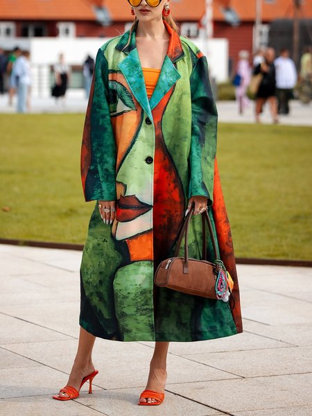 

Casual Raglan Sleeve Printing Random Print Lapel Collar Coat, As picture, Coats