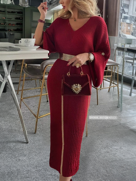 Elegant Plain Buttoned Sweater Midi Dress With Belt