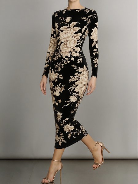 Elegant Floral  Printing Crew Neck Midi Dress
