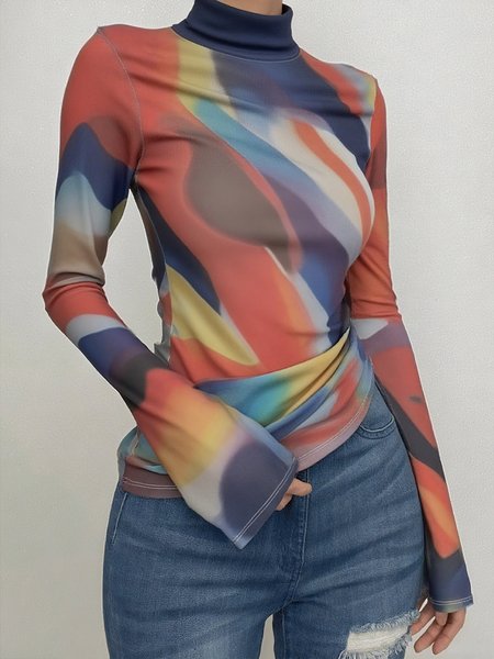 

Casual Abstract Printing Stand Collar T-shirt, As picture, Tees