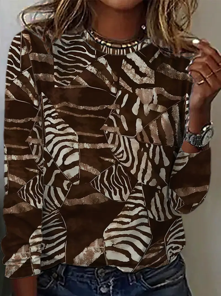

Women Abstract Long Sleeve Tee T-shirt Crew Neck Printing Casual Spring/Fall Graphic Tee Top, Brown, T-Shirts