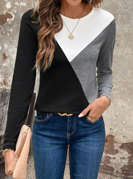 

Women Multicolor Block Long Sleeve Tee T-shirt Crew Neck Printing Casual Spring/Fall Graphic Tee Top, Black-white, T-Shirts