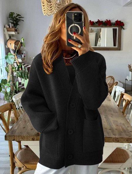 Women's Solid Color Autumn And Winter Thick Retro Sweater Long Sleeve Pocket Cardigan