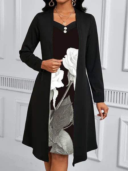 

Women Floral Spring/Fall Dress V Neck Long Sleeve A-Line Dress, Black, Midi