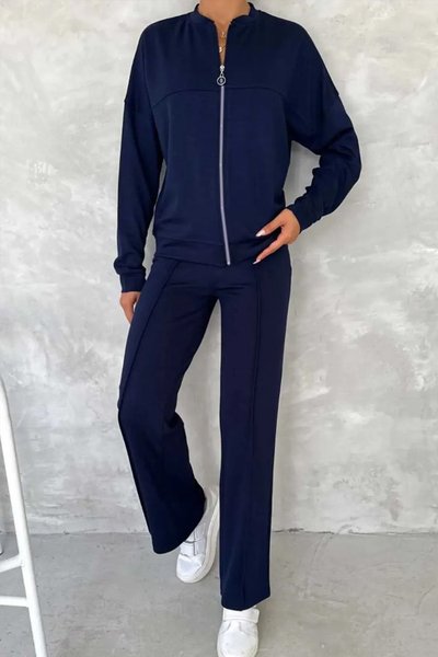 

Casual Stand Collar Regular Fit Two-Piece Set, Deep blue, Suits