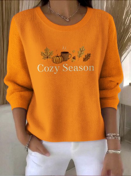 

Women Cotton Plants Long Sleeve Comfy Vintage Sweater, Orange, Sweaters