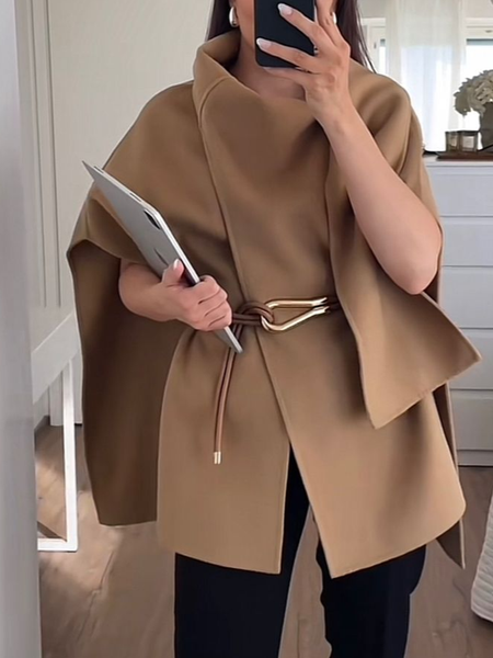 

Urban Dolman Sleeve Plain Cross Neck Cloak With Belt, Brown, Coats