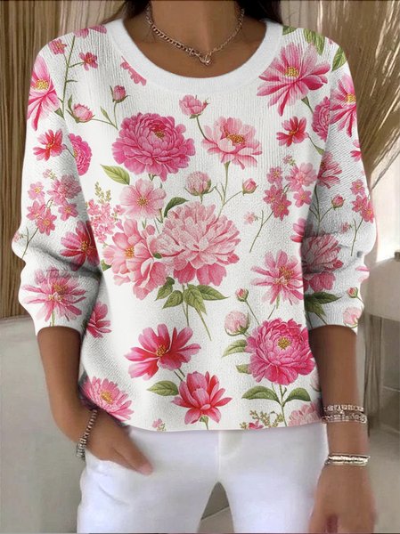 

Women Cotton Floral Long Sleeve Comfy Vintage Sweater, White, Sweaters