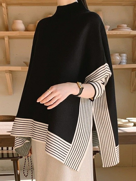 

Yarn/Wool Yarn Casual Striped Turtleneck Sweater, Black, Pullovers