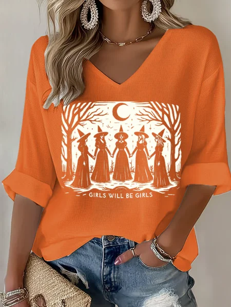 

Vintage Halloween V Neck Three Quarter Sleeve T-shirt, Orange, T-shirts