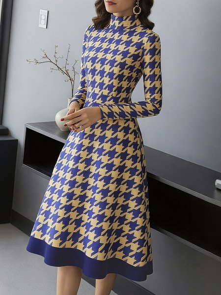 Urban Houndstooth Printing Stand Collar Midi Dress