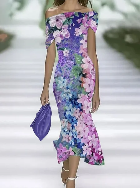 

Women Floral Cap Sleeve Summer Printing Dress Cold Shoulder Daily Vintage Maxi H-Line Dress, Purple, Casual Dresses