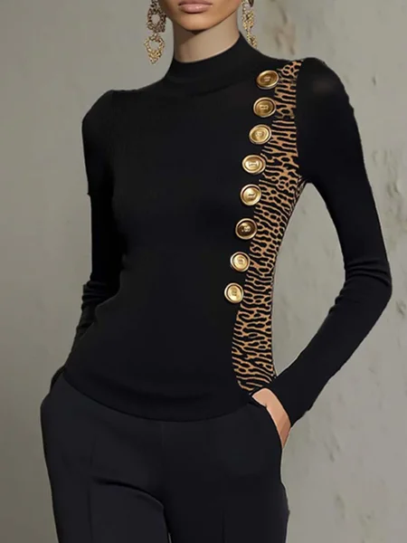 

Urban Leopard Buttoned Stand Collar T-shirt, Black, Tees