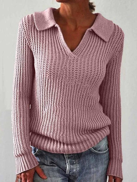 Women's Solid Color Long Sleeve Sweater Lapel Slim Fit Vintage Knit Top