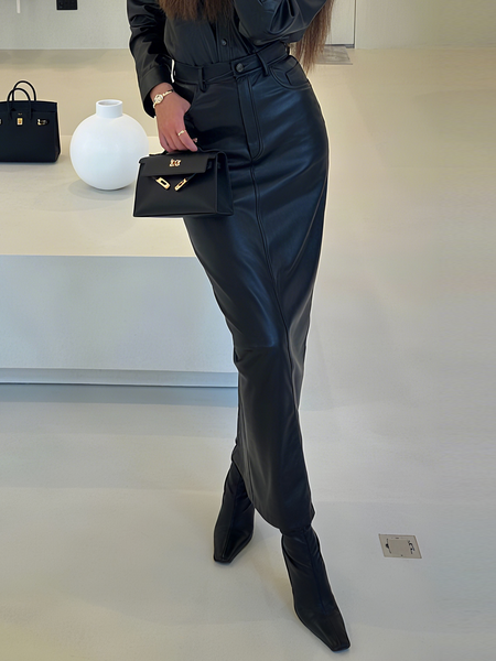 

Elegant Plain Maxi Faux Leather Skirt, Black, Skirts