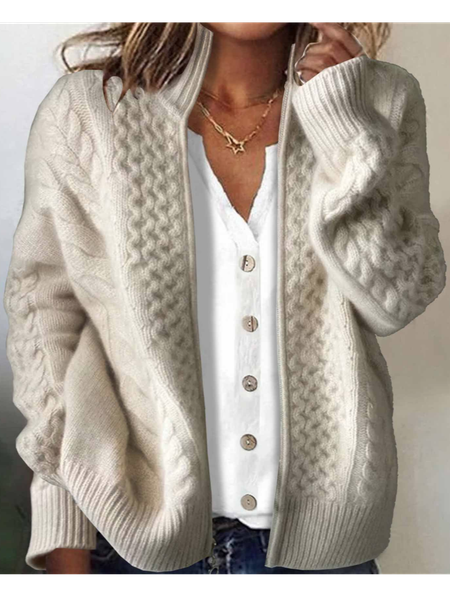 

Women's Solid Color Long-Sleeved Sweater High Collar Autumn And Winter Jacquard Zipper Cardigan, White, Sweaters & Cardigans