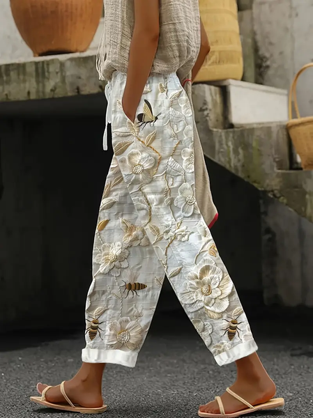 

Women Floral Long Pants Casual Spring/Fall Trousers, Off white, Pants