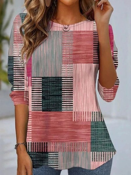 

Vintage Geometric Crew Neck Long Sleeve T-shirt, Pink, T-shirts