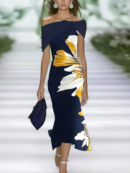 

Women Floral Cap Sleeve Summer Printing Dress Cold Shoulder Daily Vintage Maxi H-Line Dress, Purplish blue, Casual Dresses