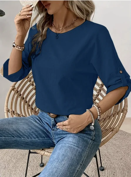 Women Plain Crew Neck Casual Long Sleeve T-shirt