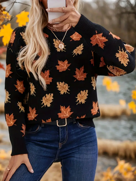 

Women Maple Leaf Printing Spring/Fall Casual Long Sleeve Crew Neck Sweater, Black, Sweaters