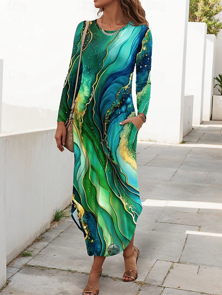 

Women Striped Spring/Fall Dress Crew Neck Long Sleeve T-Shirt Dress H-Line Dress, Green, Dresses